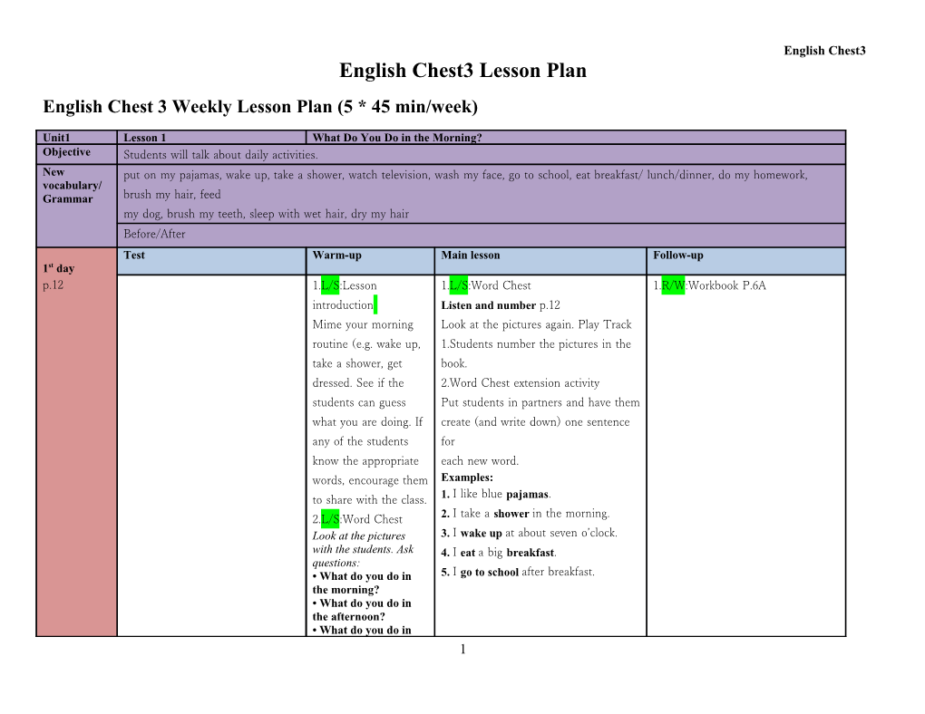 English Chest 3 Weekly Lesson Plan (5 * 45 Min/Week)