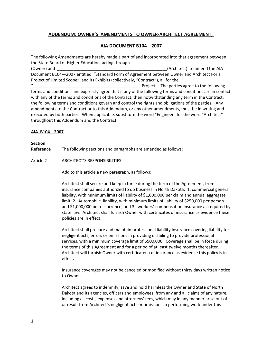 Addendum: Owner S Amendments to Owner-Architect Agreement s1