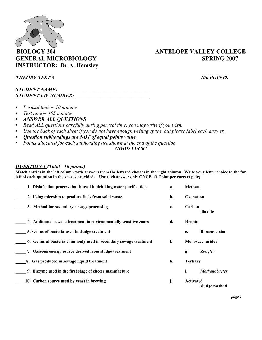 Biology 30	Human Anatomy Fall 1995