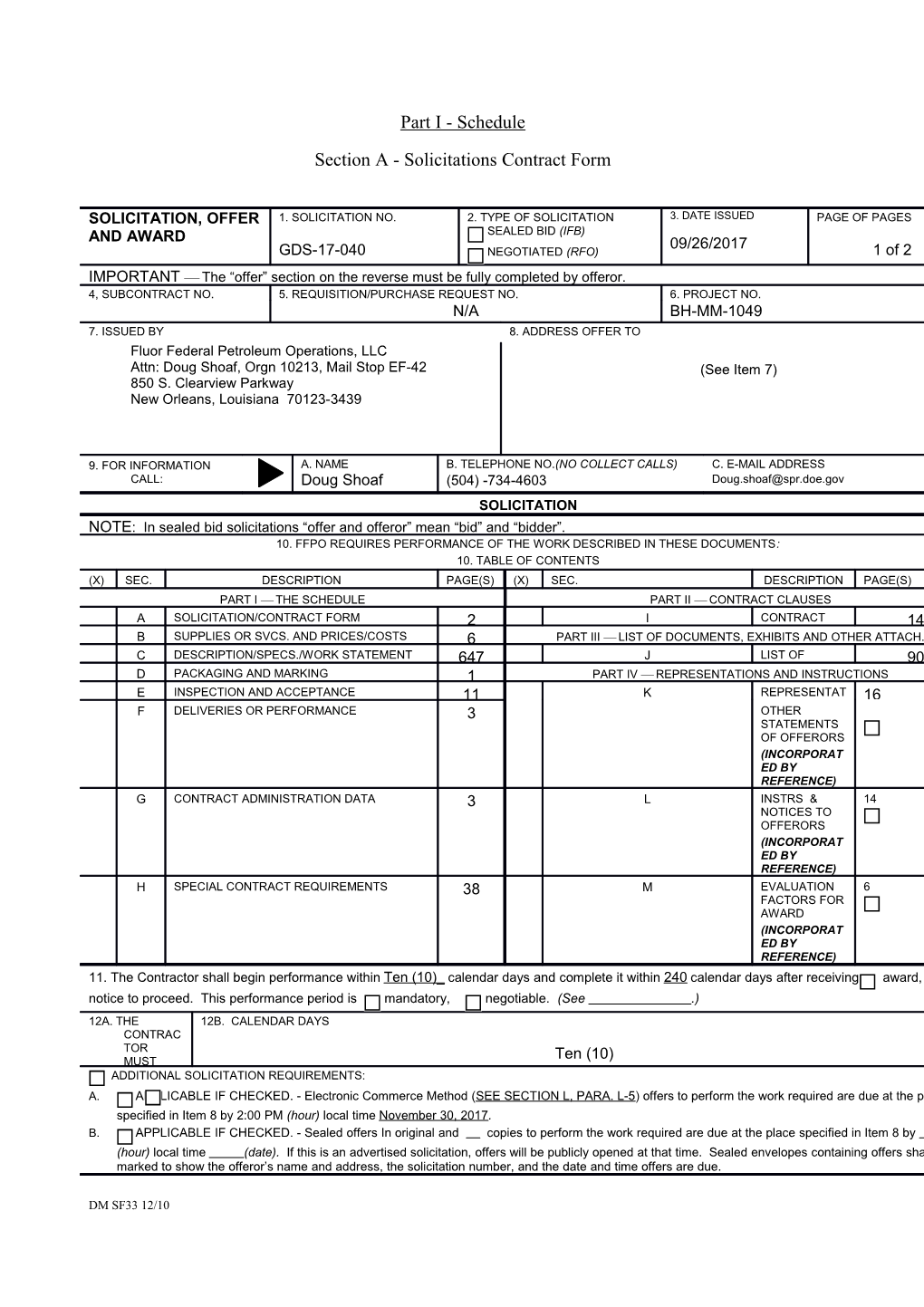 Section a - Solicitations Contract Form