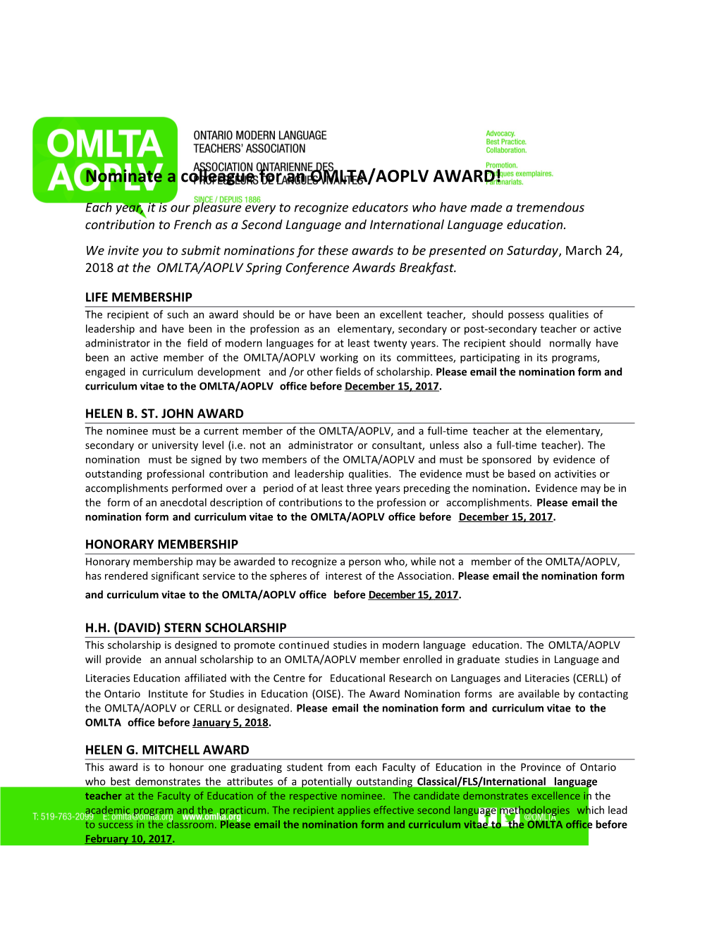 Nominate a Colleague Foran OMLTA/AOPLV AWARD!