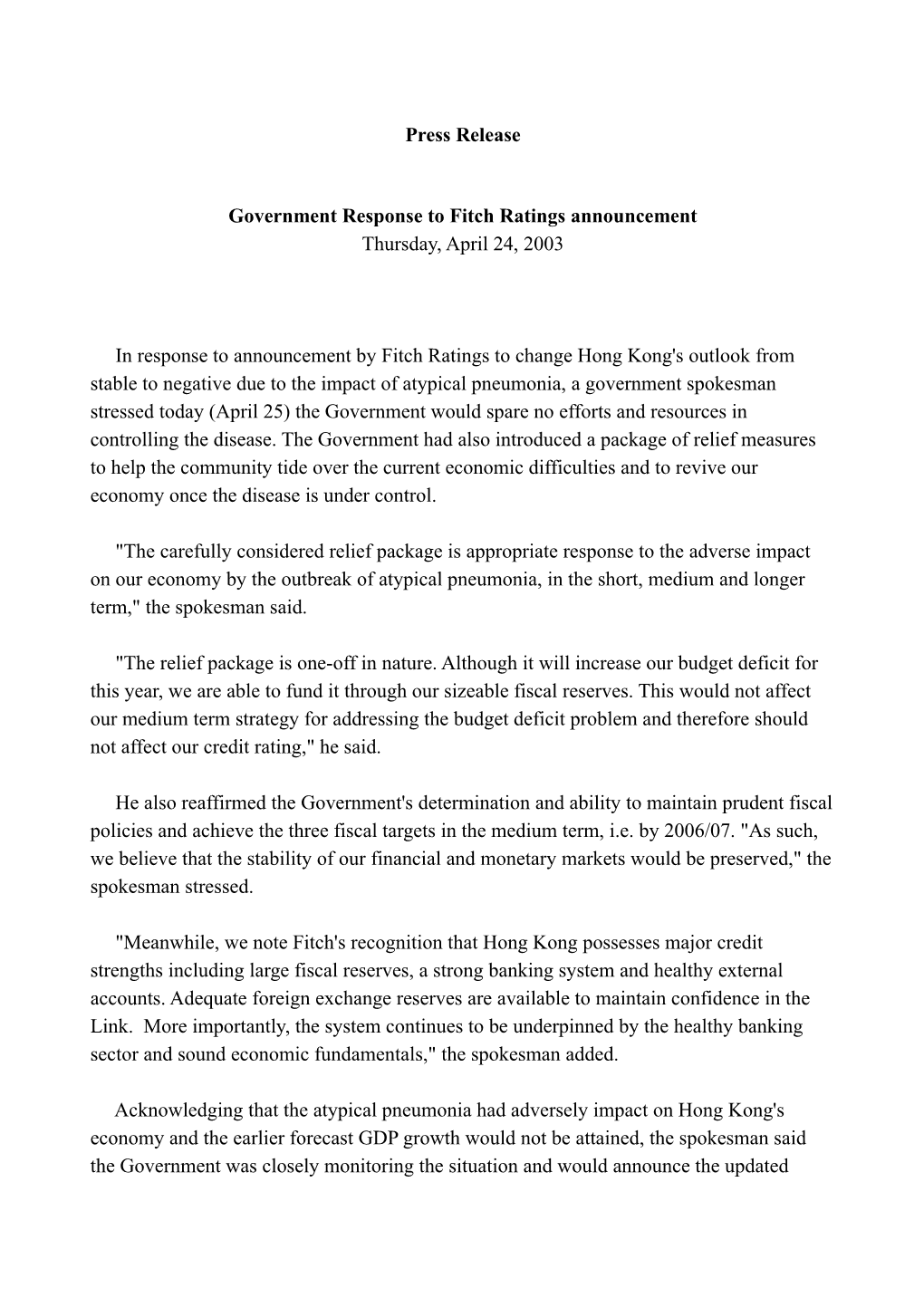 Government Response to Fitch Ratings Announcement (24