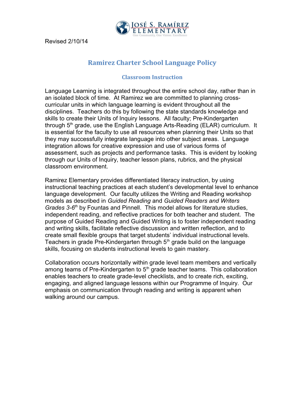 Ramirez Charter School Language Policy