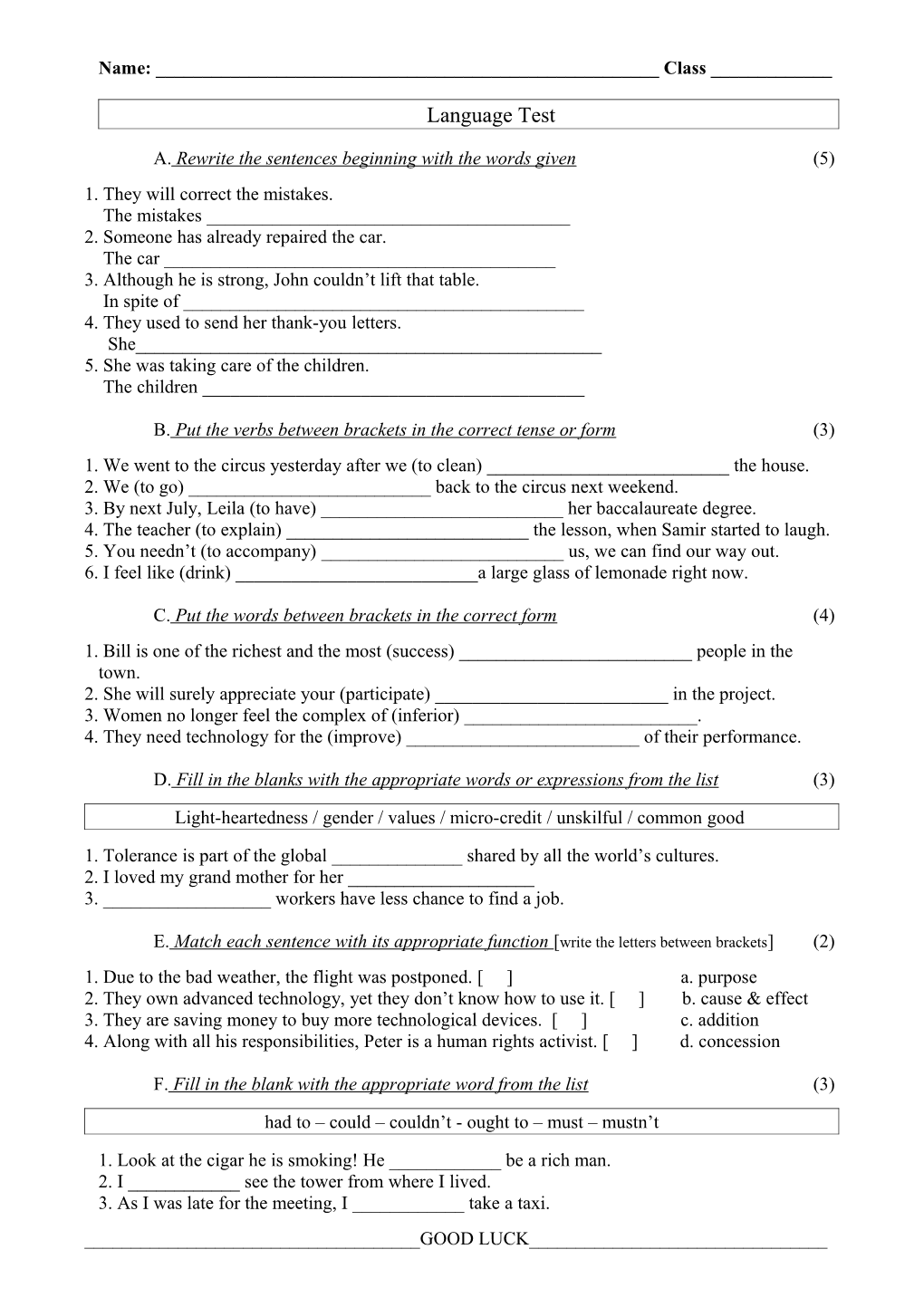 A. Rewrite the Sentences Beginning with the Words Given (5)