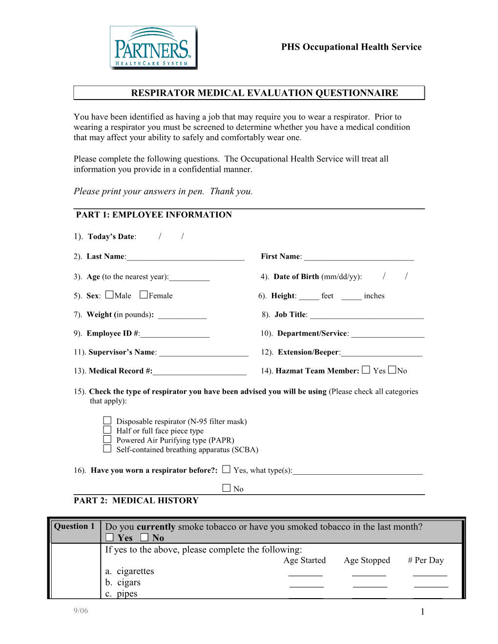 Questionnaire for Respirator Use