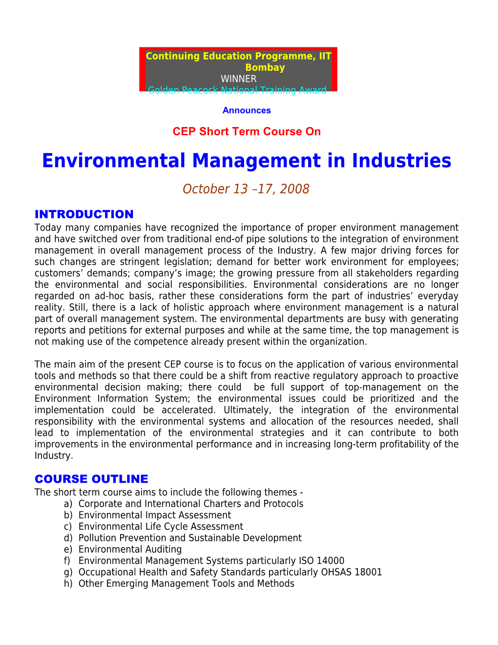 CEP Short Term Course On