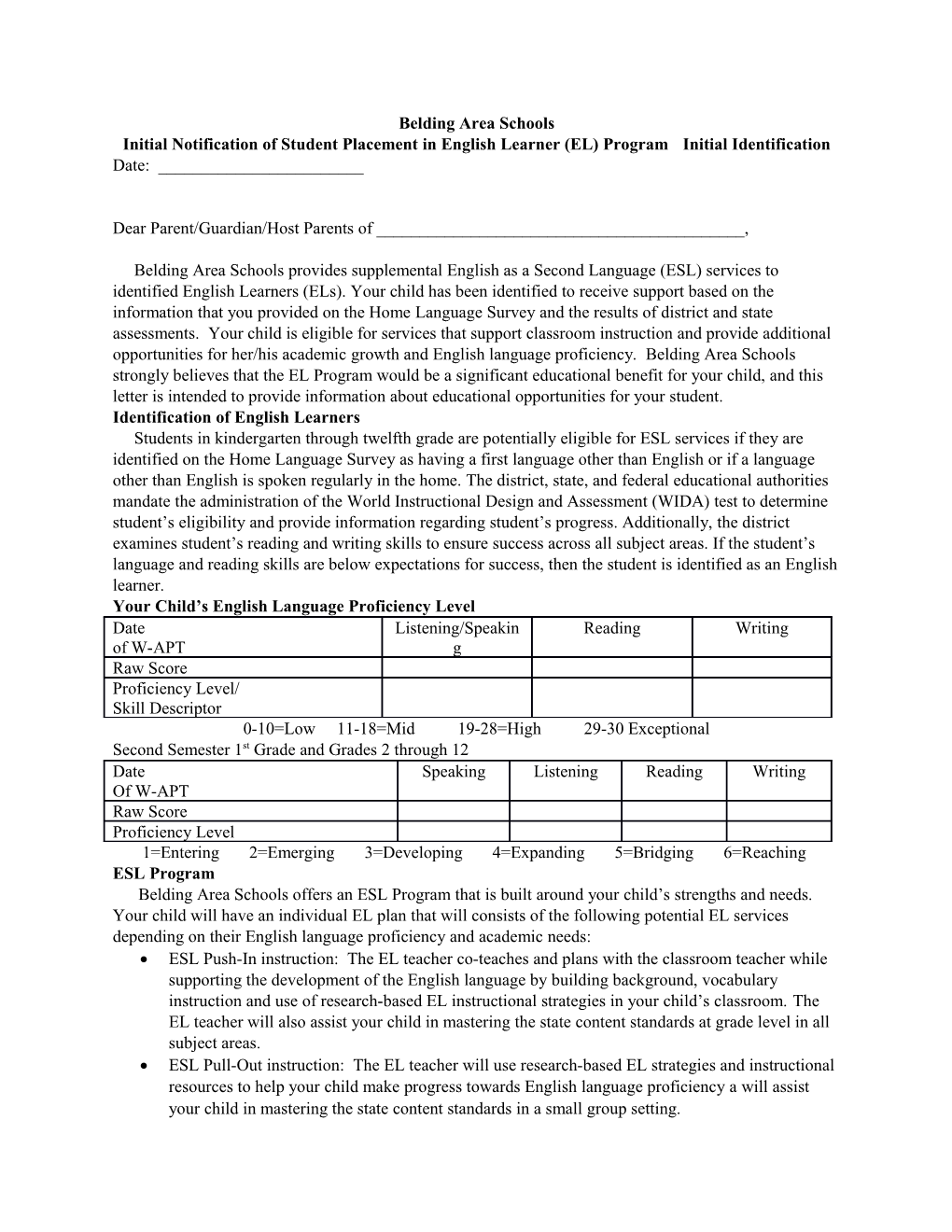 Initial Notification of Student Placement in English Learner (EL) Programinitial Identification