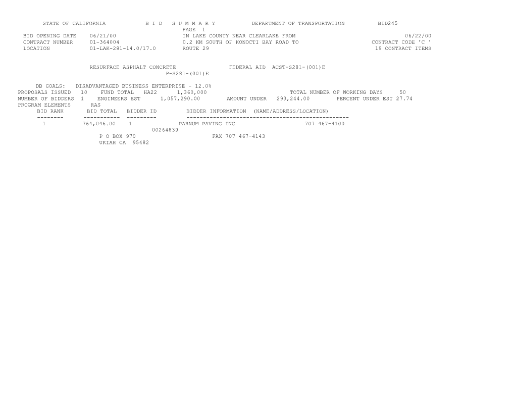 State of California B I D S U M M a R Y Department of Transportation Bid245 s26