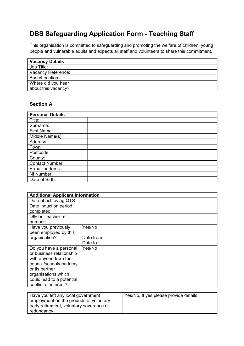 DBS Safeguarding Application Form - Teaching Staff