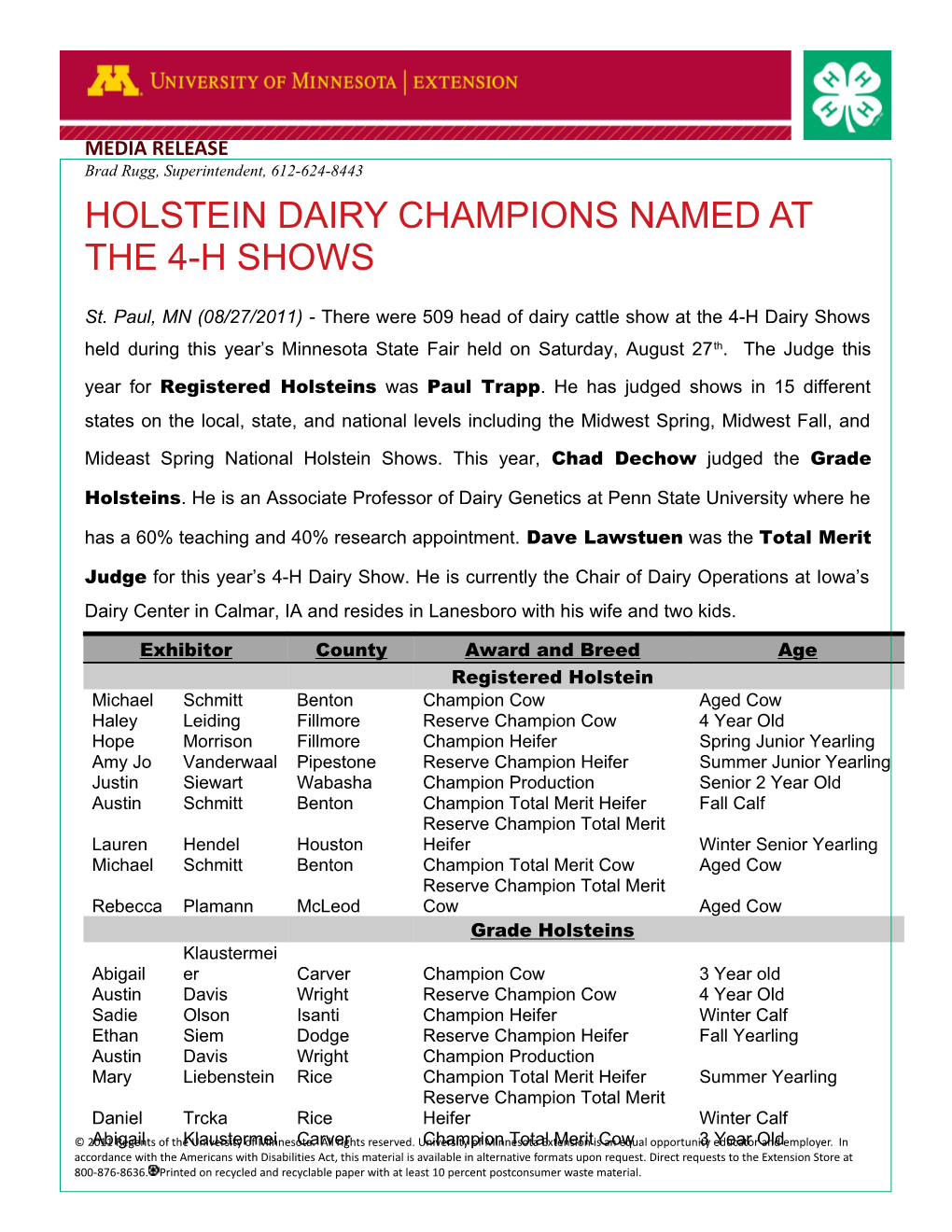 Holstein Dairy Champions Named at the 4-H Shows