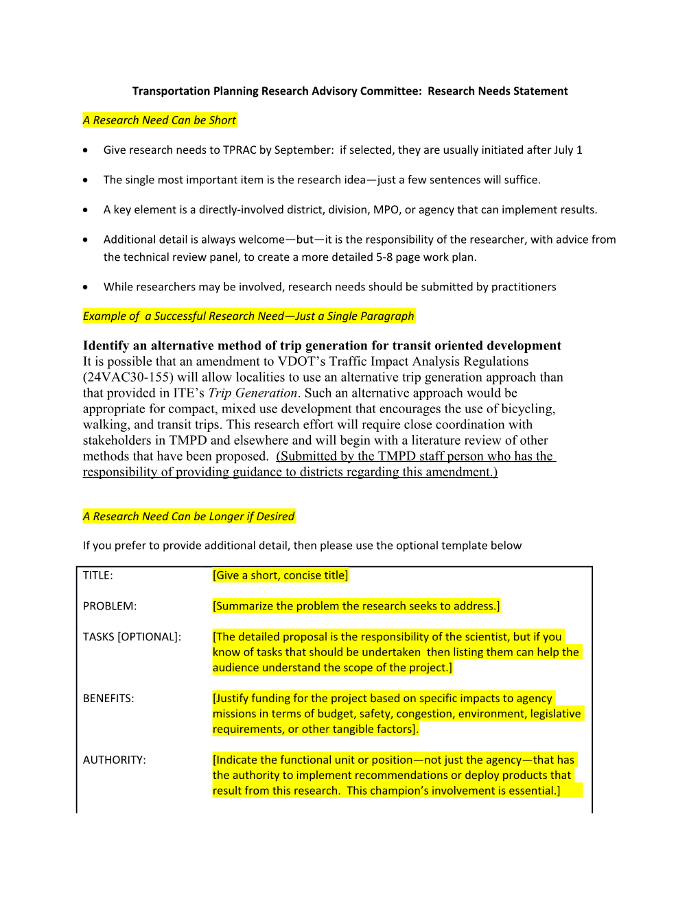 Transportation Planning Research Advisory Committee: Research Needs Statement