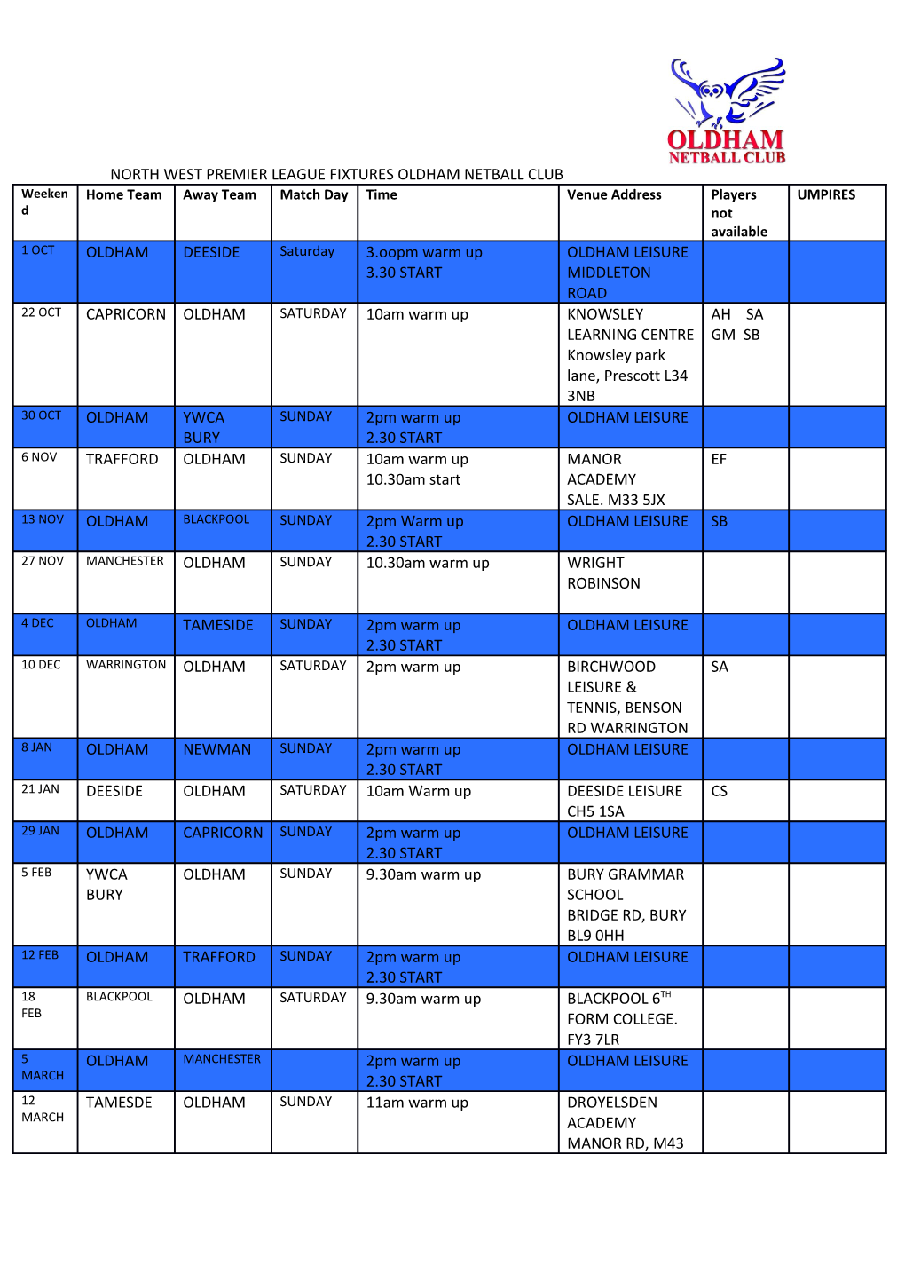 Please Note That All Oldham Home Games Are- 2.00Pm Warm Up