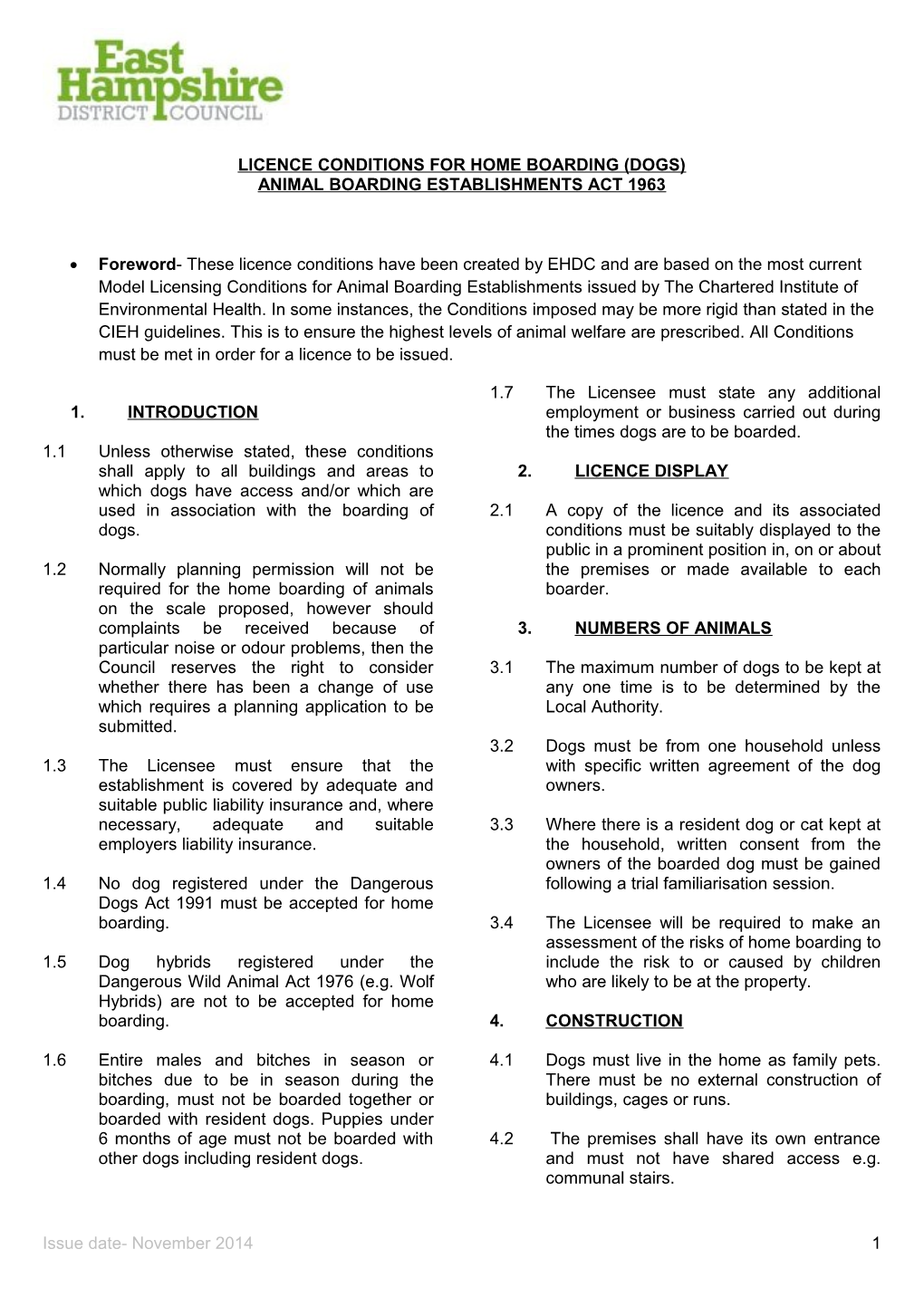 Licence Conditions for Home Boarding (Dogs)