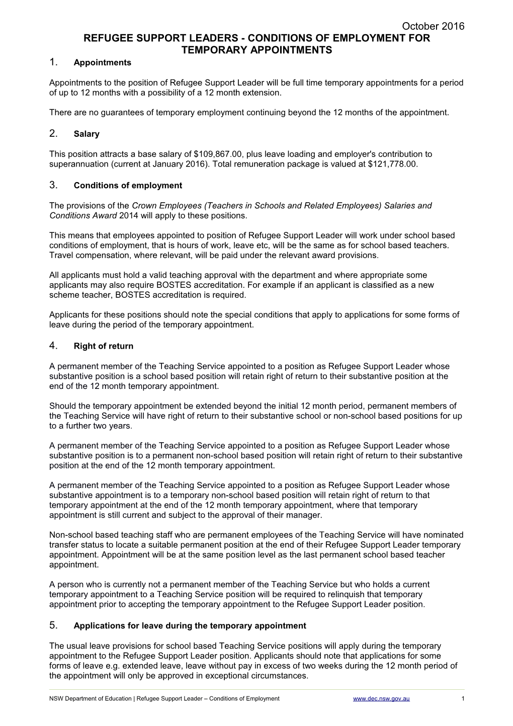 Refugee Support Leaders - Conditions of Employment for Temporary Appointments