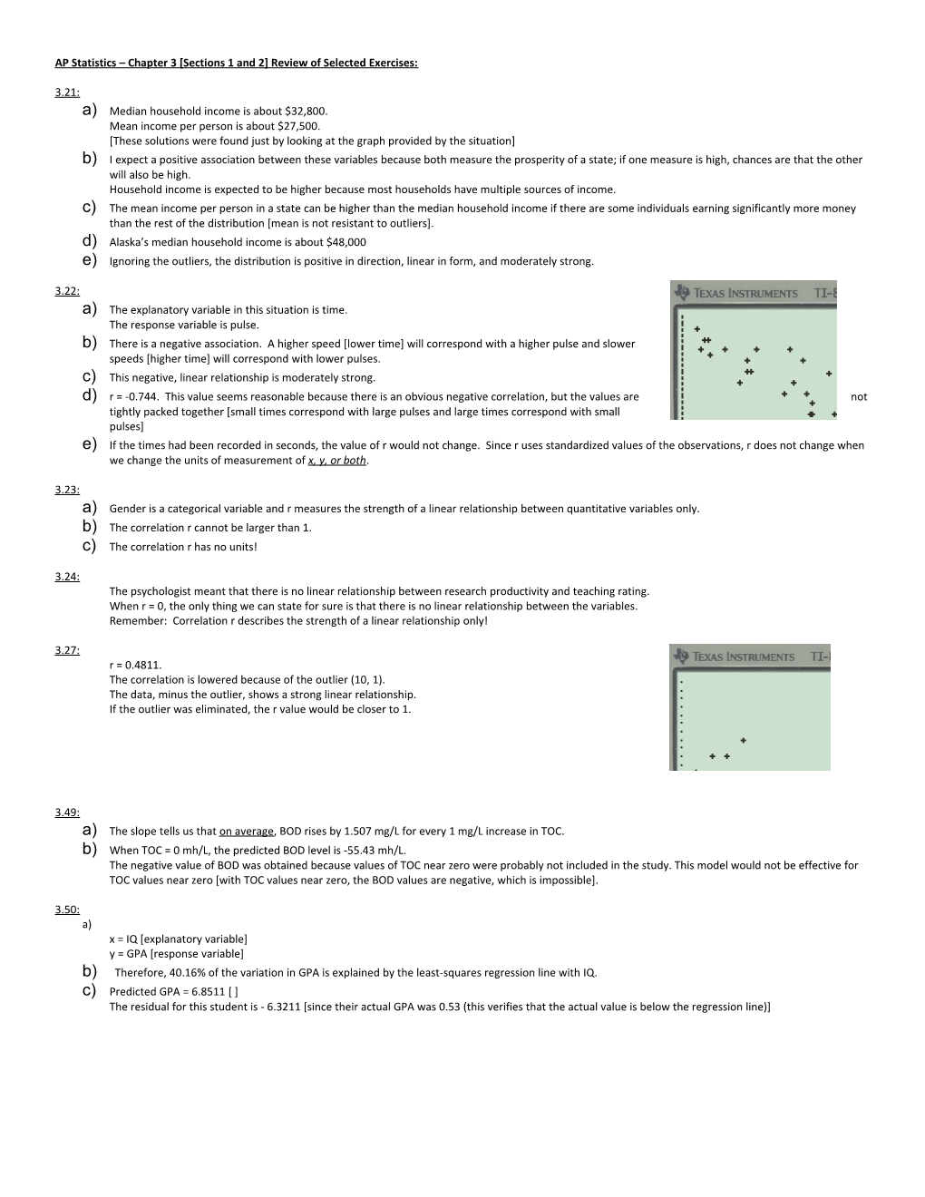 AP Statistics Chapter 3 Sections 1 and 2 Review of Selected Exercises