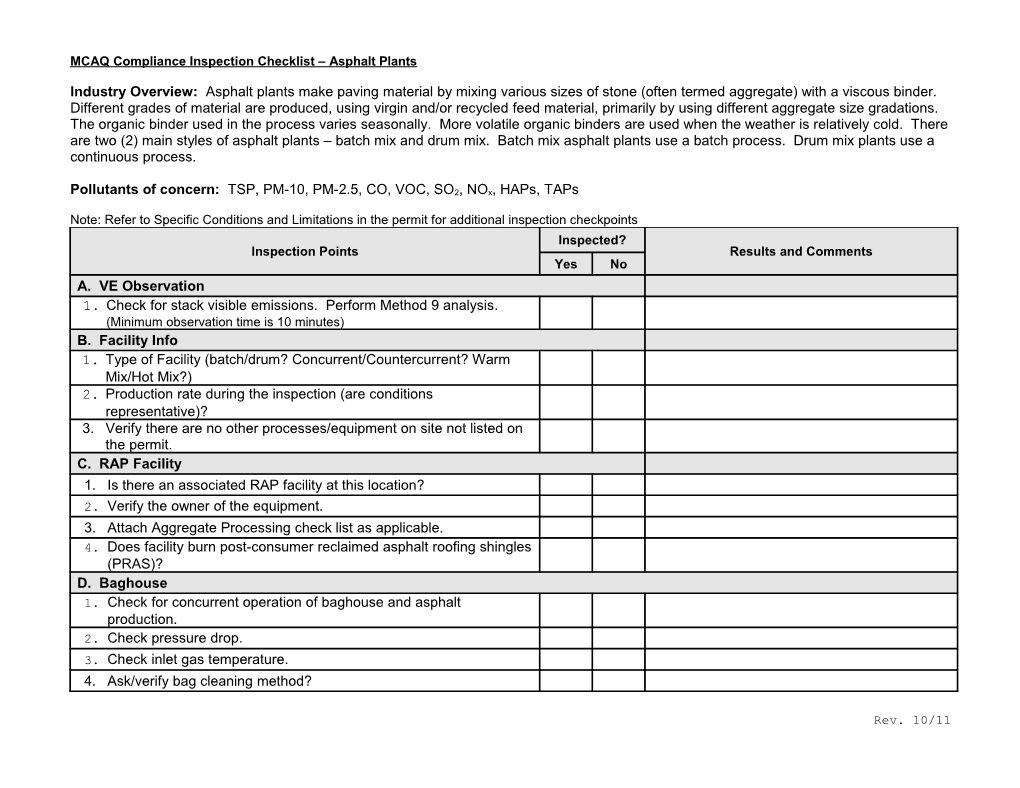 MCAQ Compliance Inspection Checklist Asphalt Plants