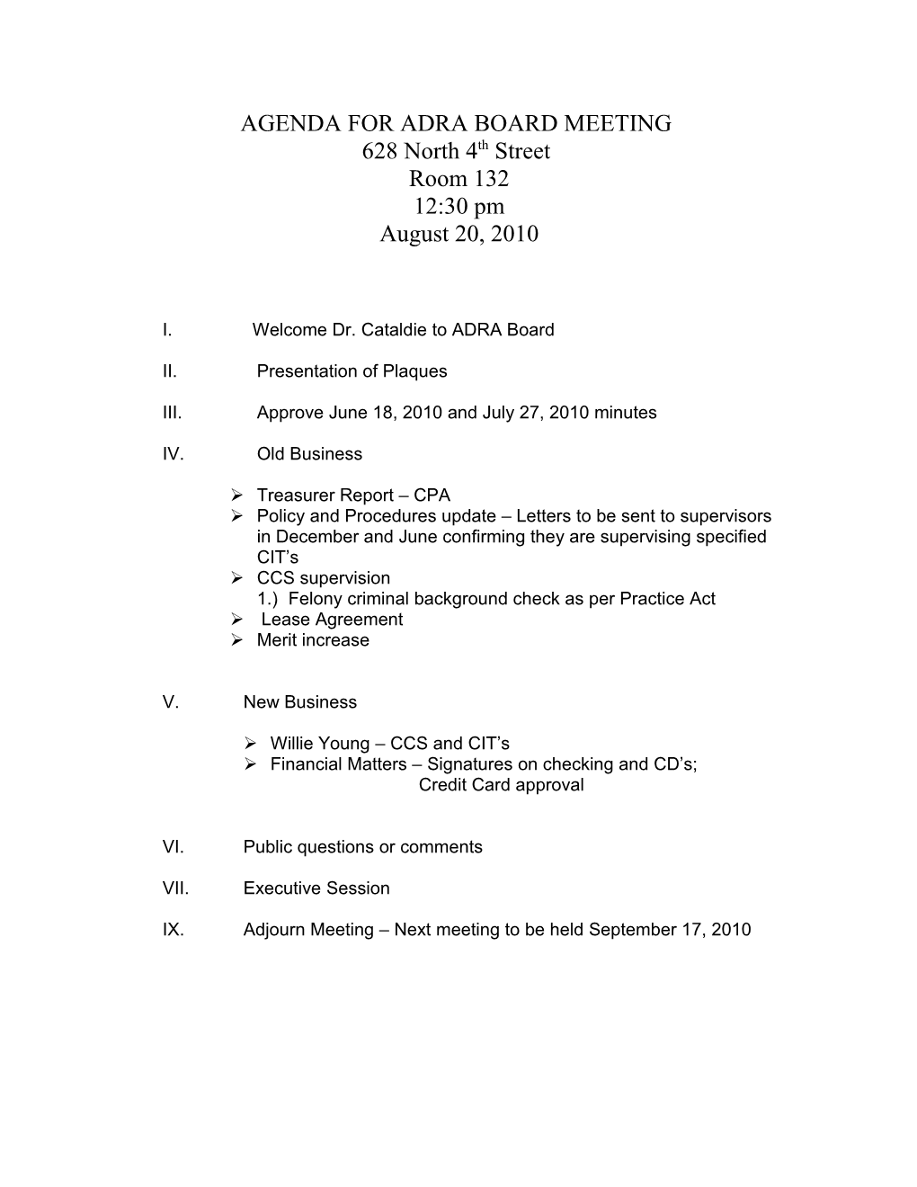 Agenda for Adra Board Meeting