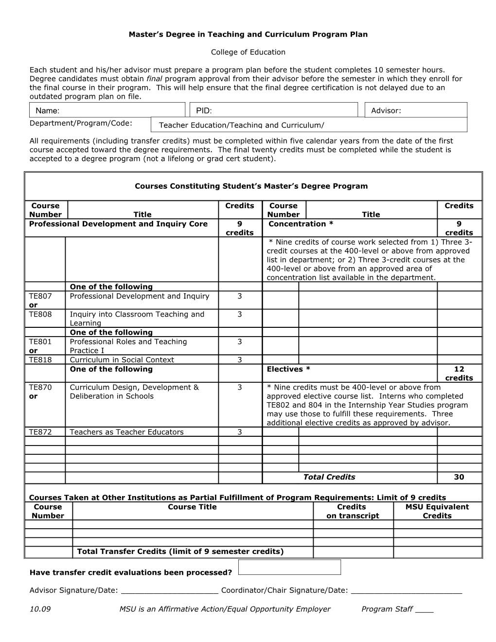 Master S Degree in Teaching and Curriculum Program Plan