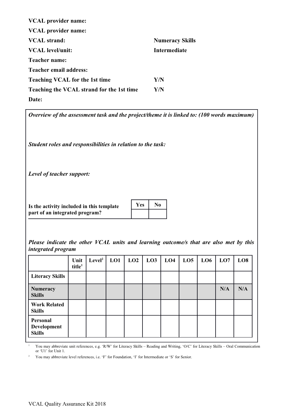 VCAL Strand: Numeracy Skills