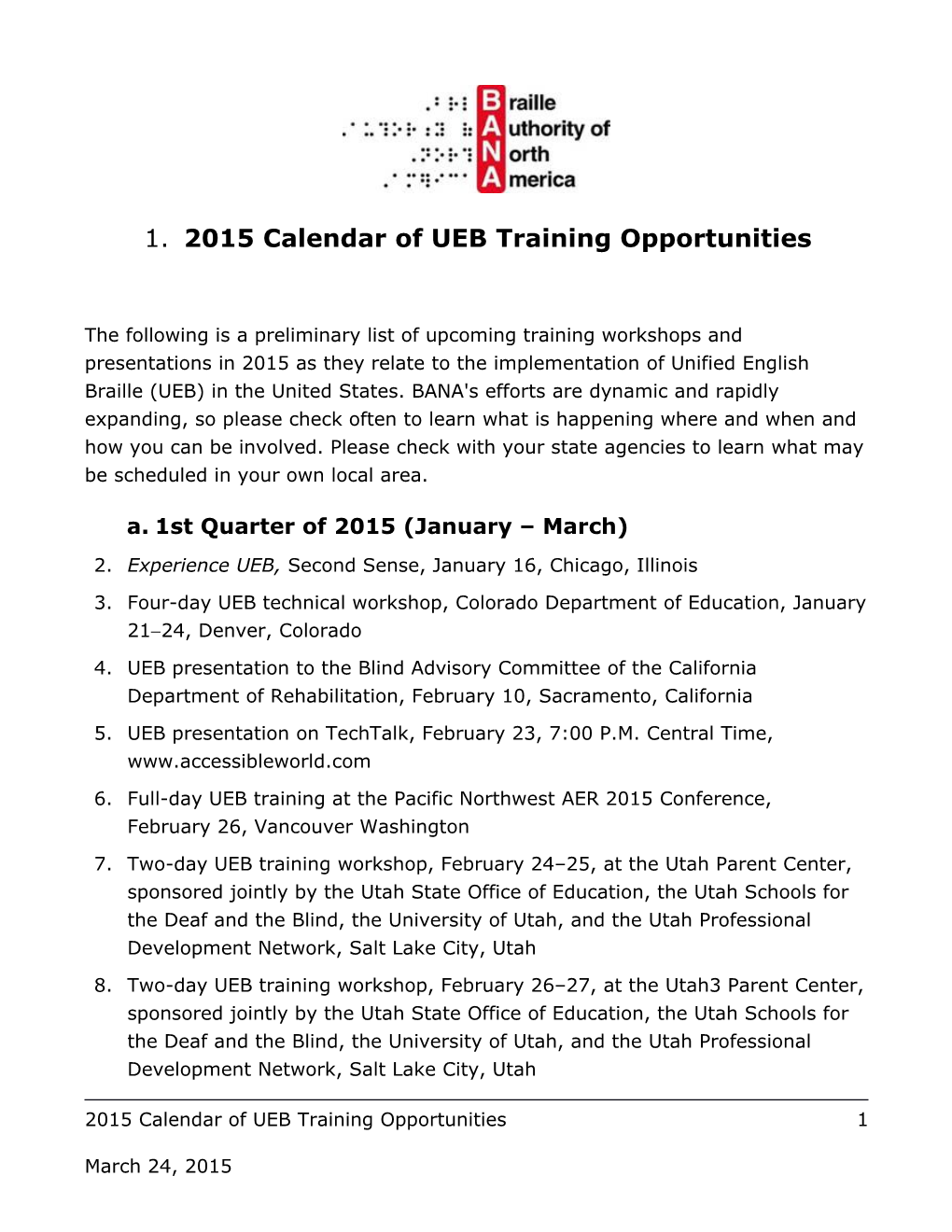 2015 Calendar of UEB Training Opportunities
