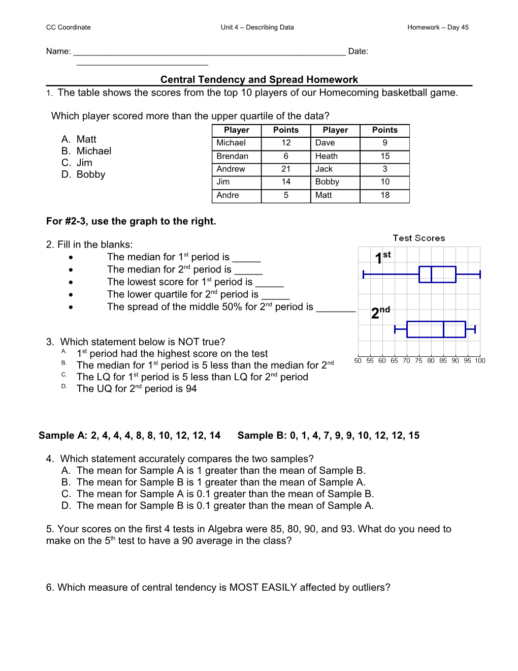 CC Coordinate Unit 4 Describing Data Homework Day 45