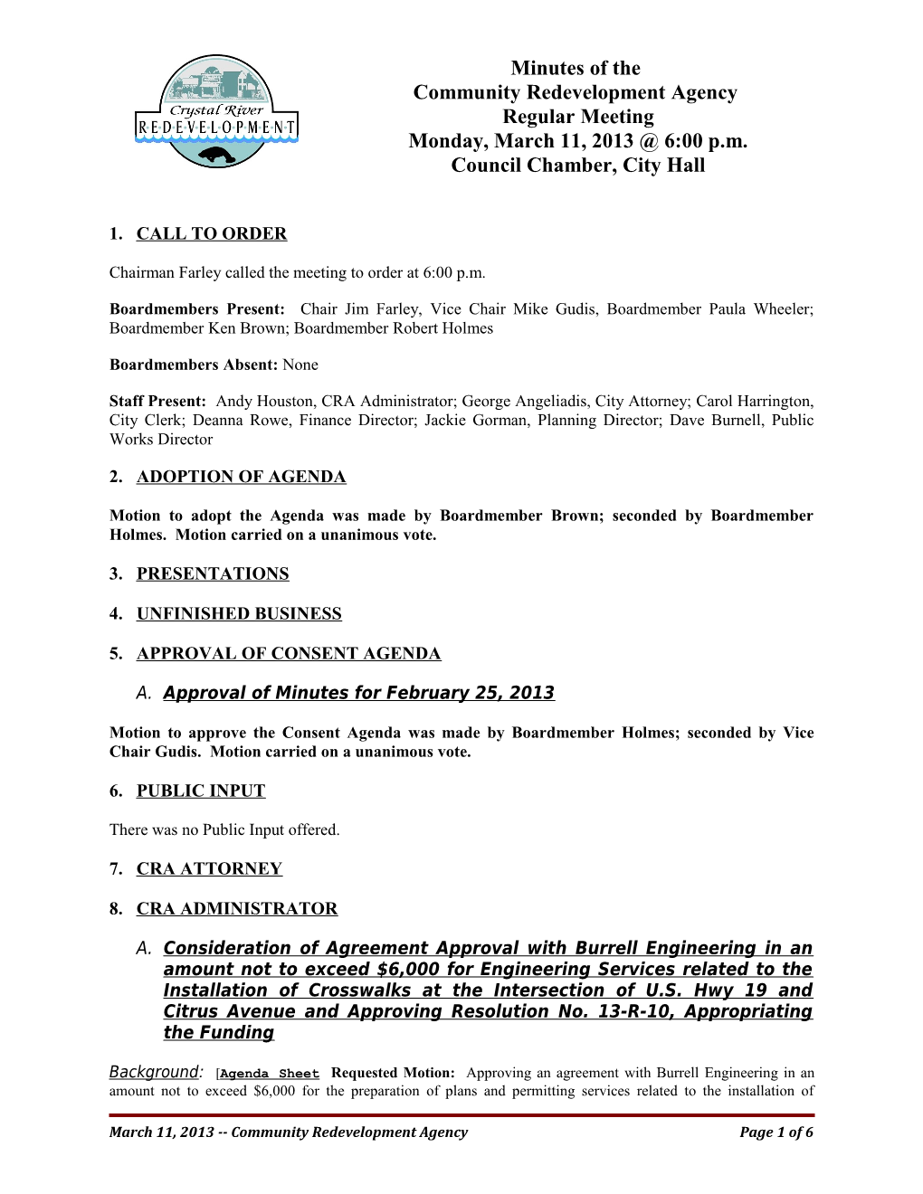 March 11, 2013 Community Redevelopment Agency Page 1 of 6