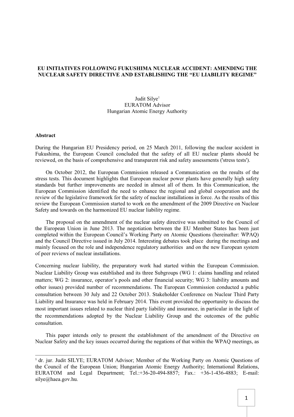 EU Initiatives Following Fukushima Nuclear Accident: Amending the Nuclear Safety Directive