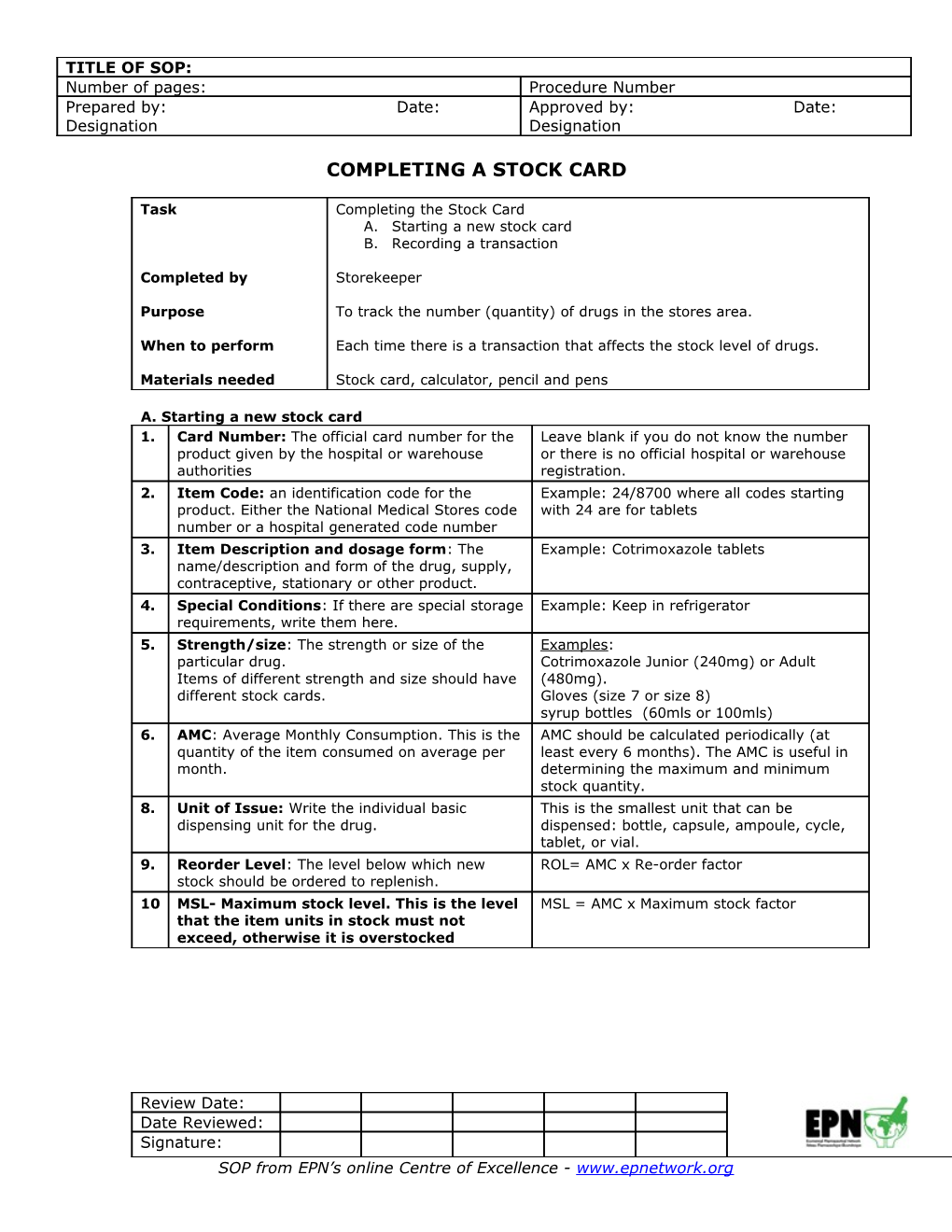 Standard Operating Procedure for COMPLETING a STOCK CARD