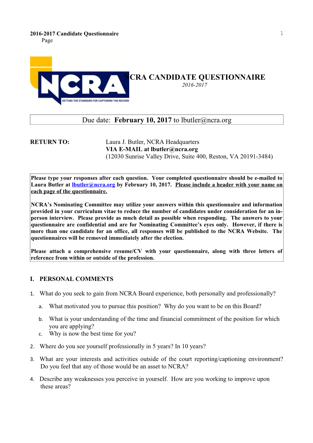 Ncra Candidate Questionnaire