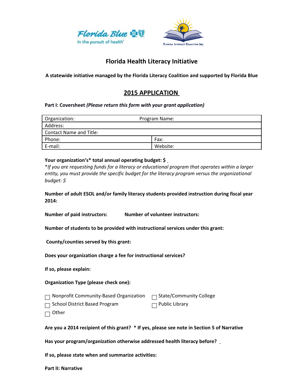 Florida Health Literacy Initiative 2015 Grant Application