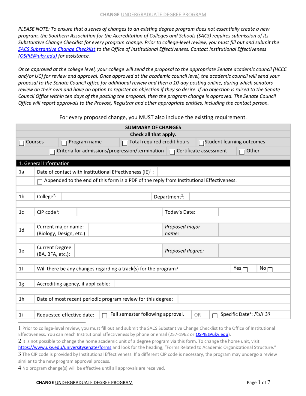 Request for Change in Undergraduate Program