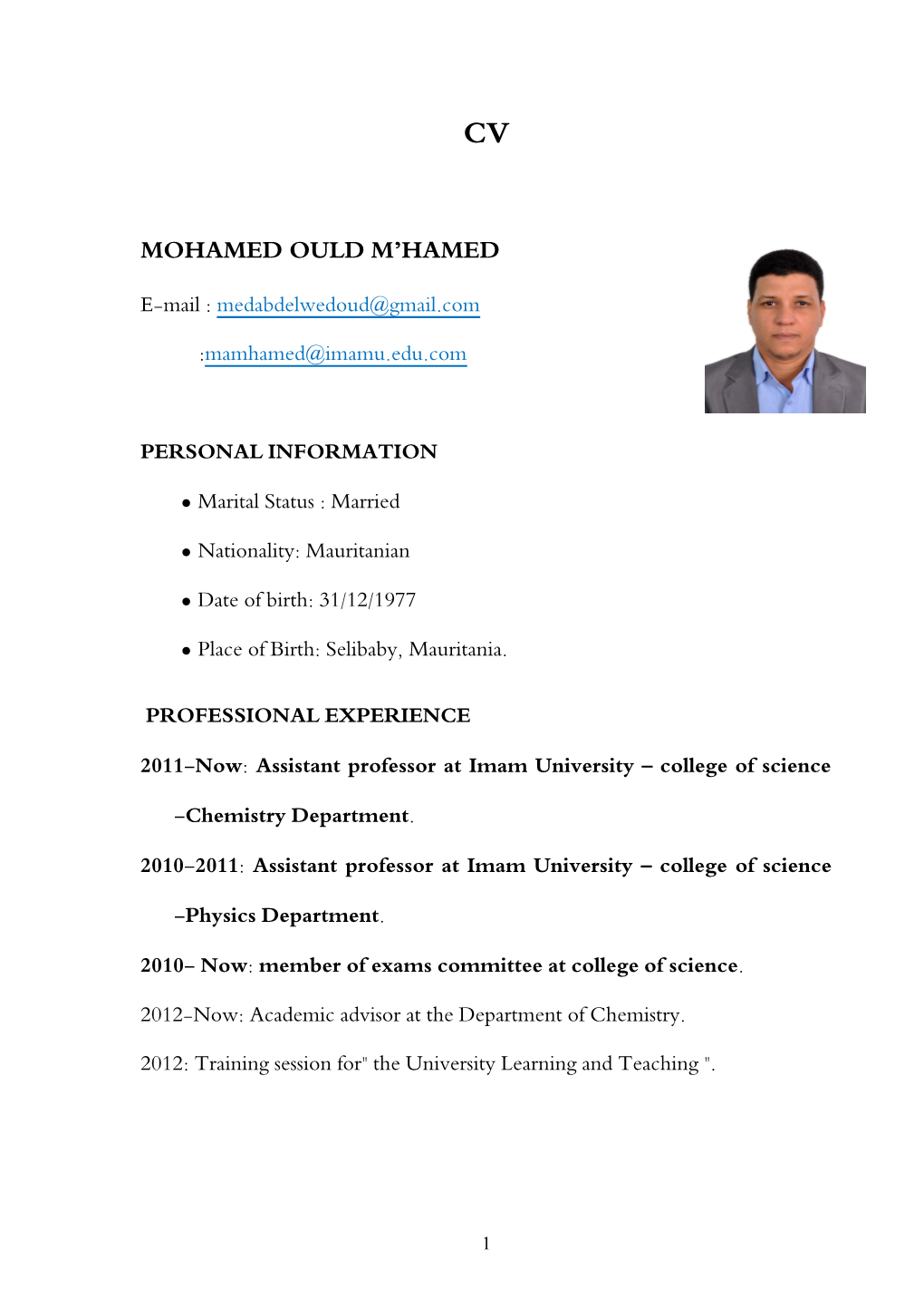 2011-Now:Assistant Professor at Imam University College of Science -Chemistry Department