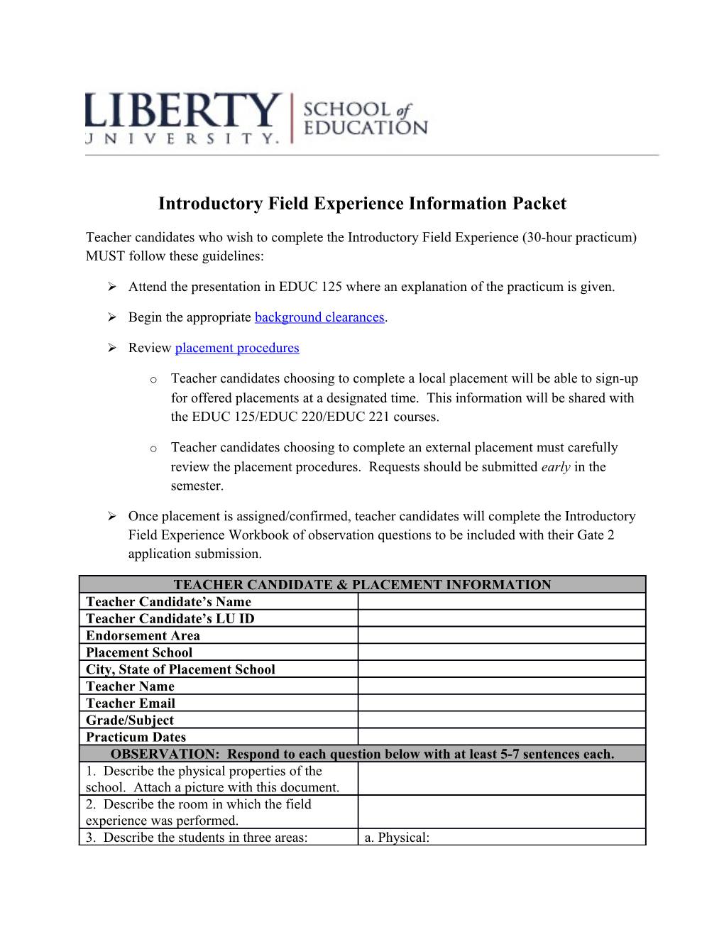 Introductory Field Experience Information Packet