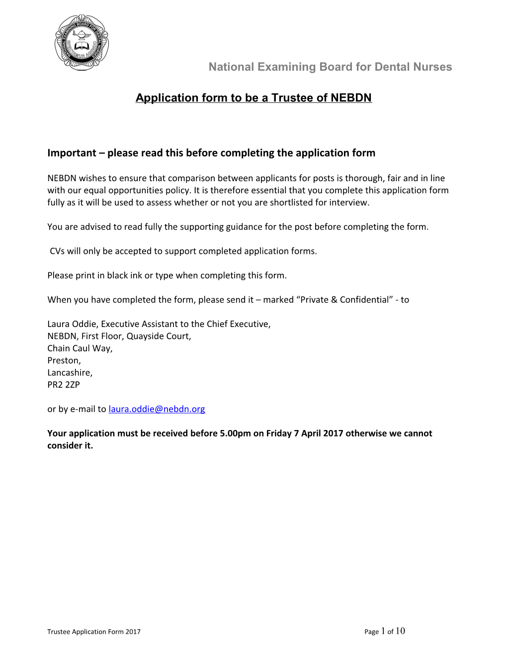 Application Form to Be a Trustee of NEBDN
