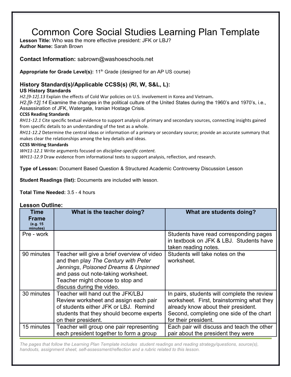 Common Core Social Studies Learning Plan Template