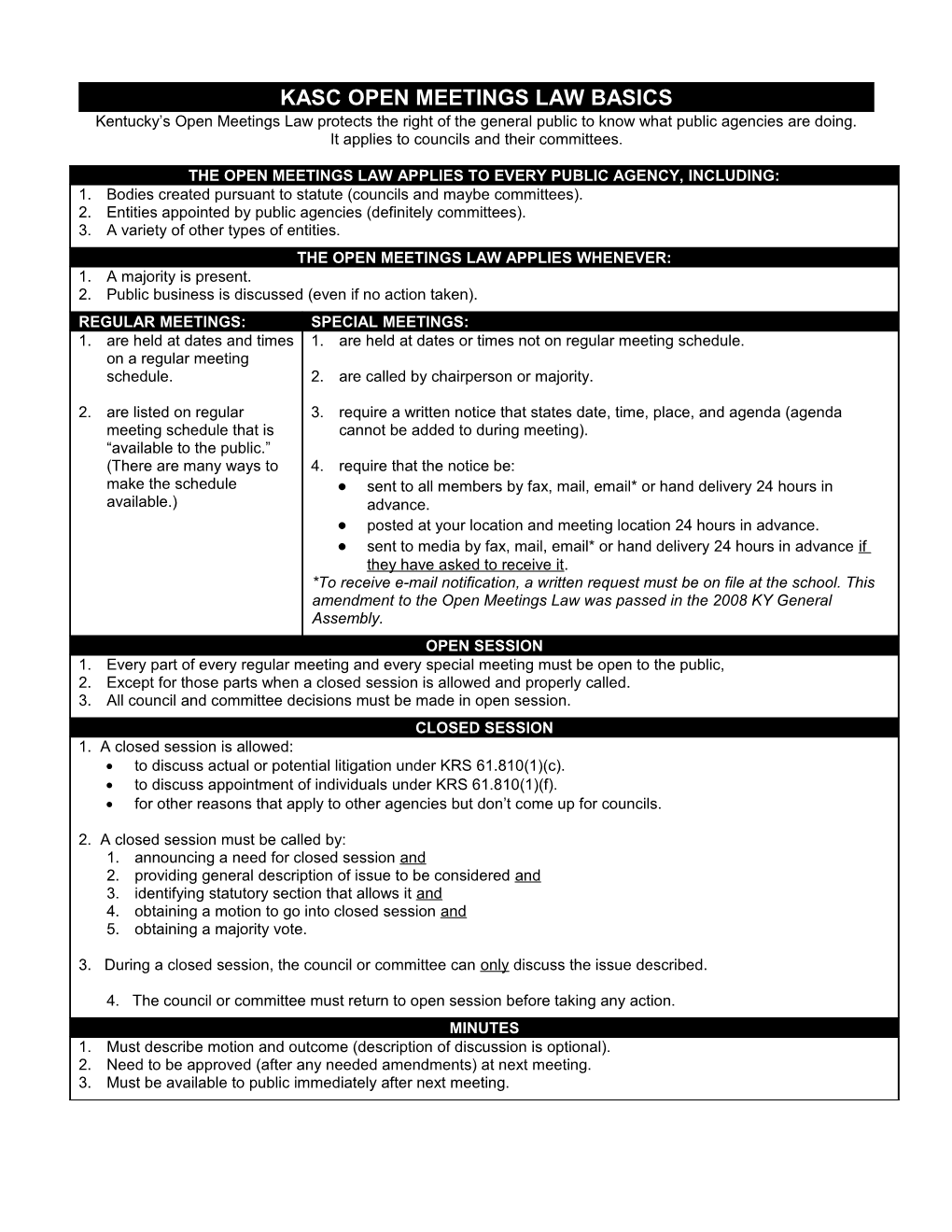 Appendix I: OPEN MEETINGS LAW BASICS