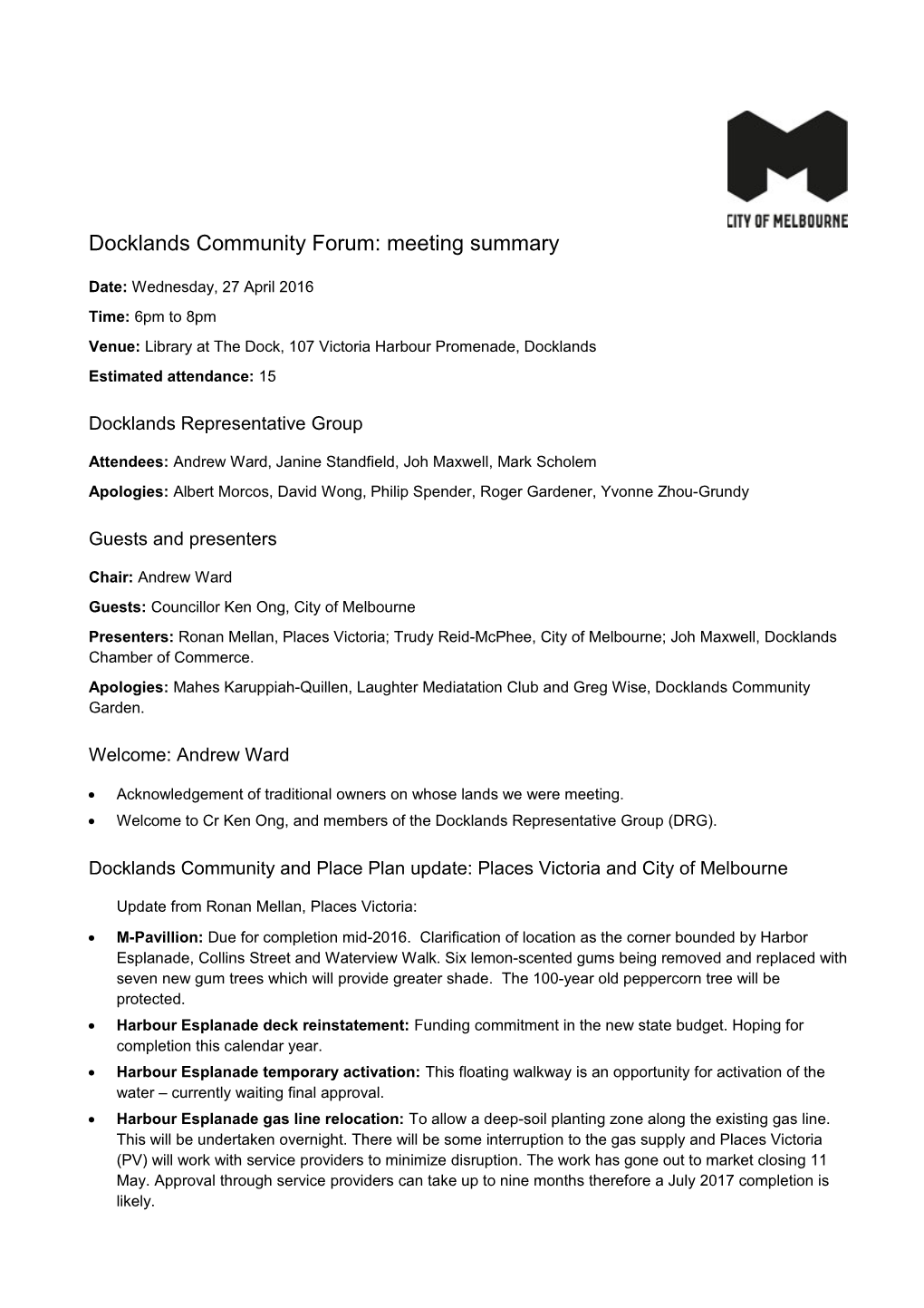 Docklands Community Forum: Meeting Summary, 27 April 2016