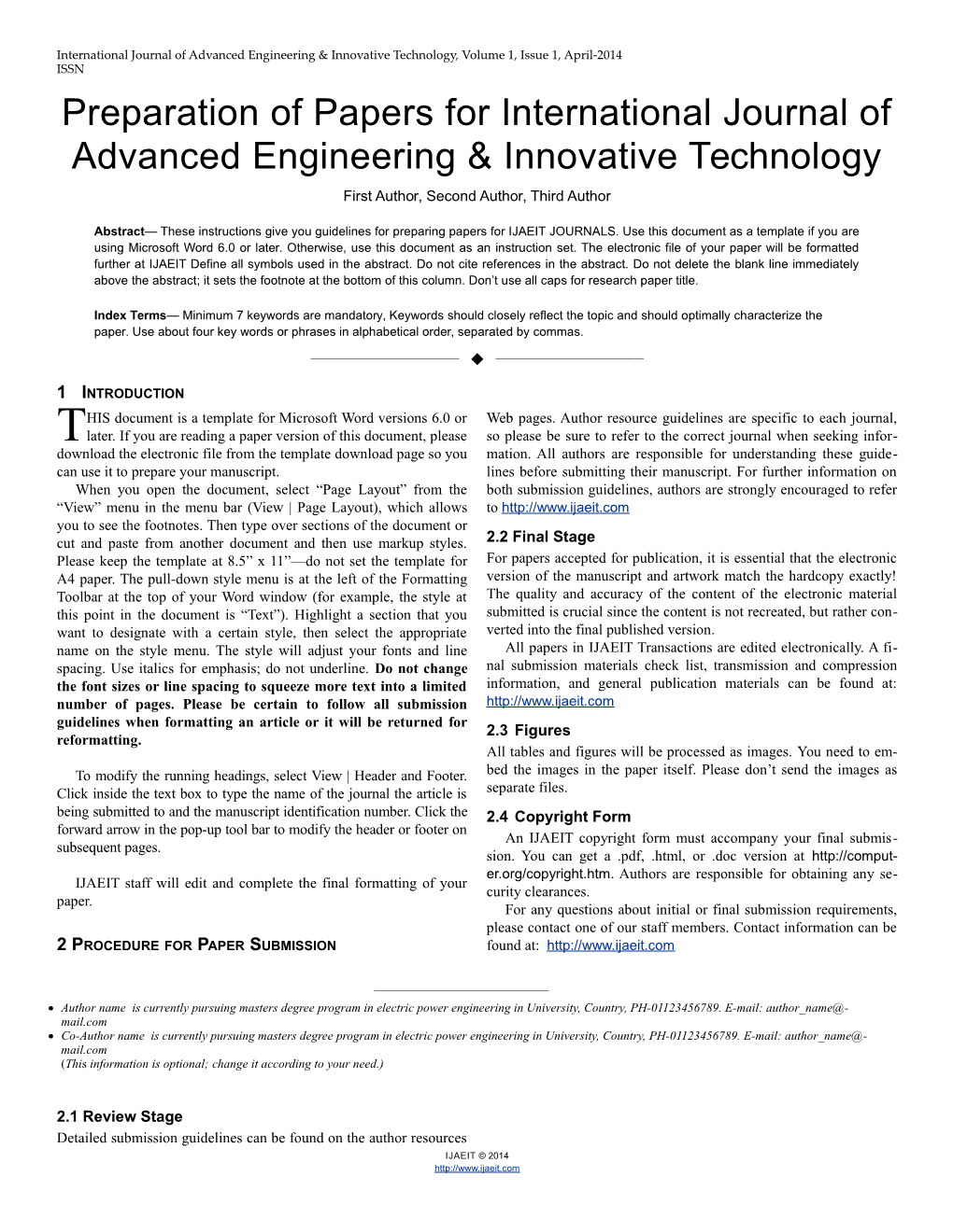 Preparation of Papers for International Journal of Advanced Engineering & Innovative Technology
