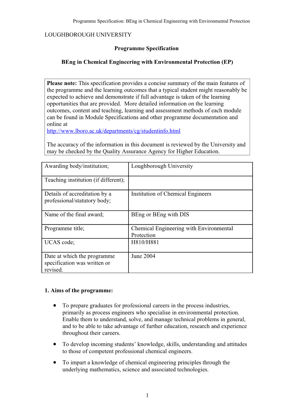 Programme Specification: Beng in Chemical Engineering with Environmental Protection