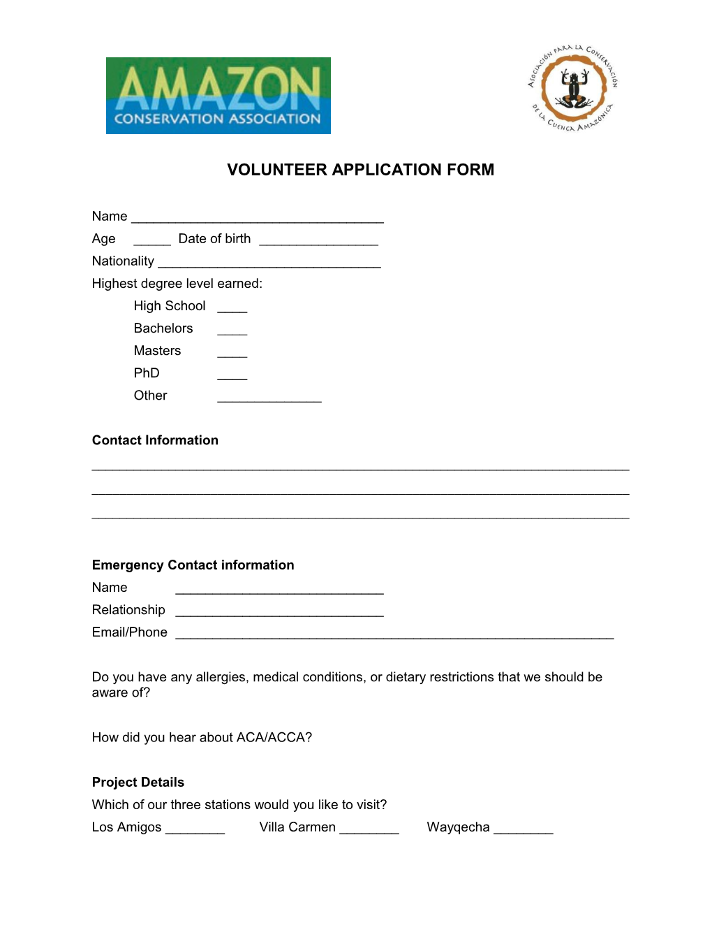 ACA CICRA Volunteer Application