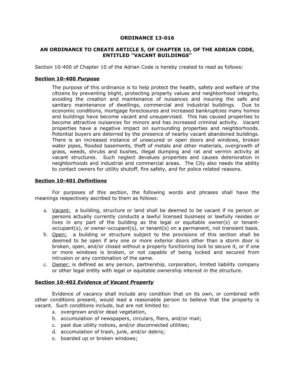 An Ordinance to Create Article 5, of Chapter 10, of the Adrian Code, Entitled Vacant Buildings