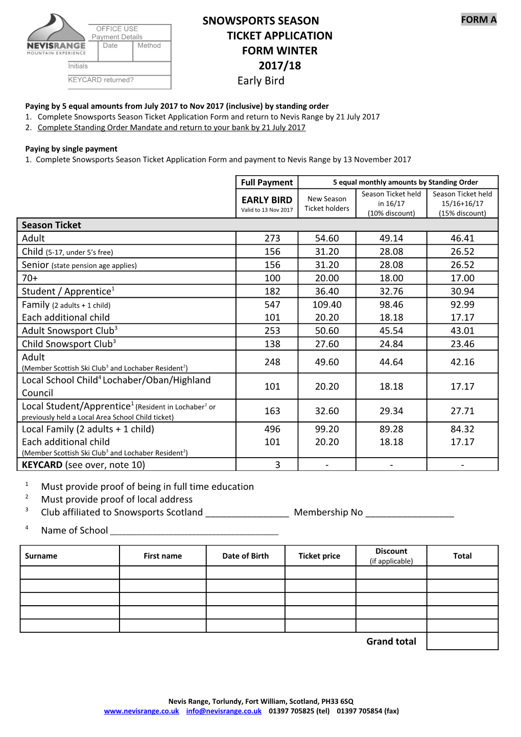 Snowsports Season Ticket Application Form Winter 2017/18