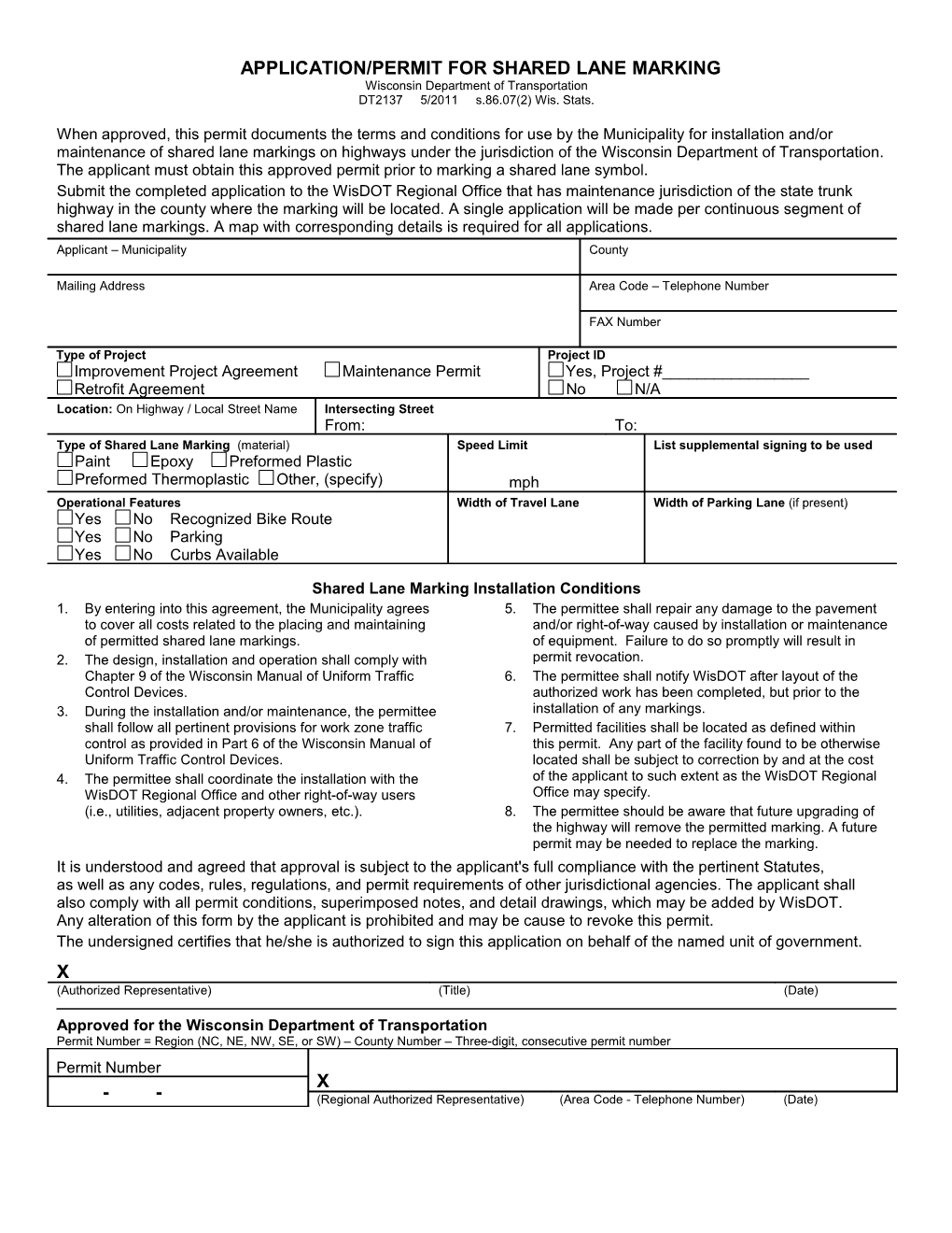 DT2137 Application/Permit for Shared Lane Marking