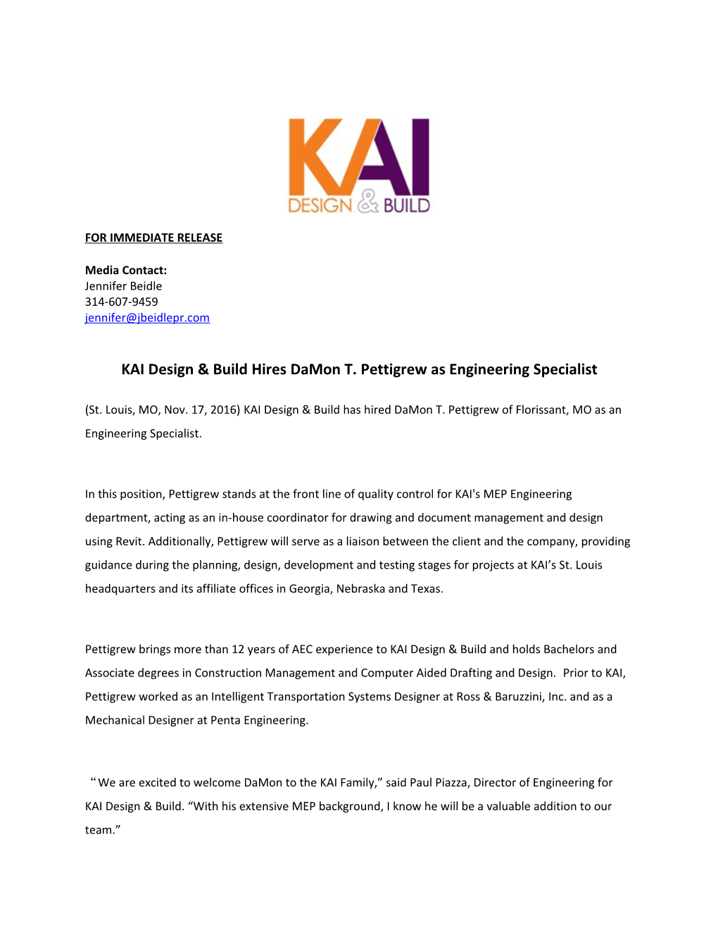 KAI Design & Build Hires Damon T. Pettigrew As Engineering Specialist