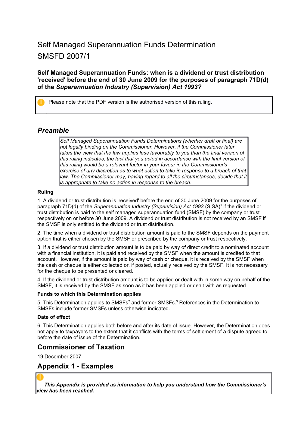 Self Managed Superannuation Funds Determination