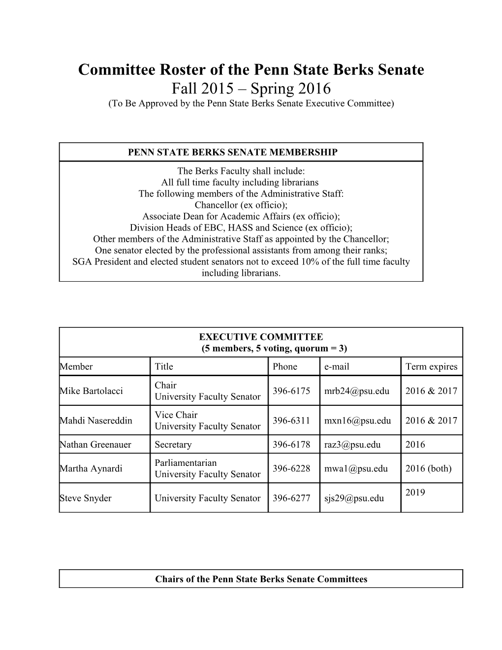 Committee Roster of the Penn State Berks Senate