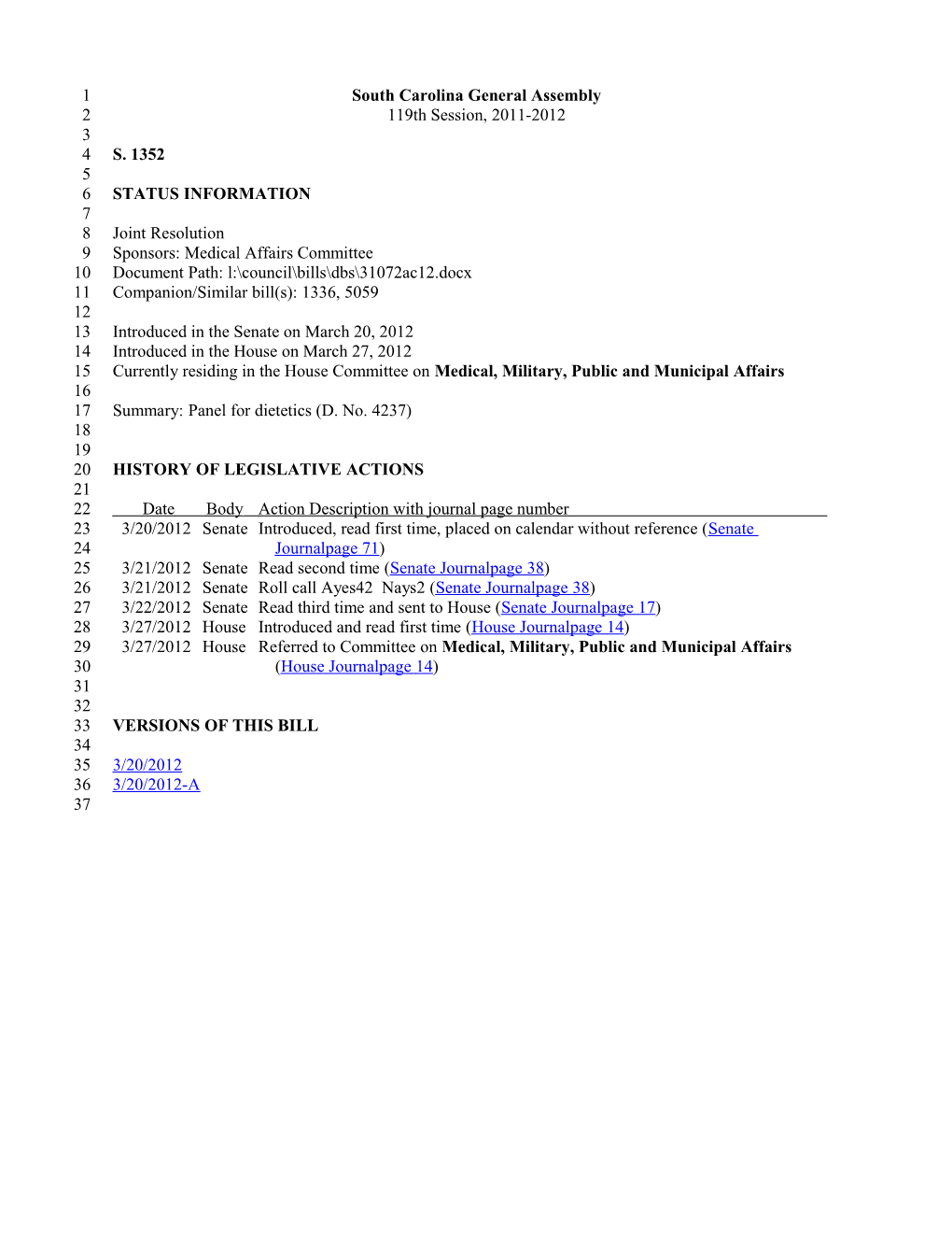 2011-2012 Bill 1352: Panel for Dietetics (D. No. 4237) - South Carolina Legislature Online
