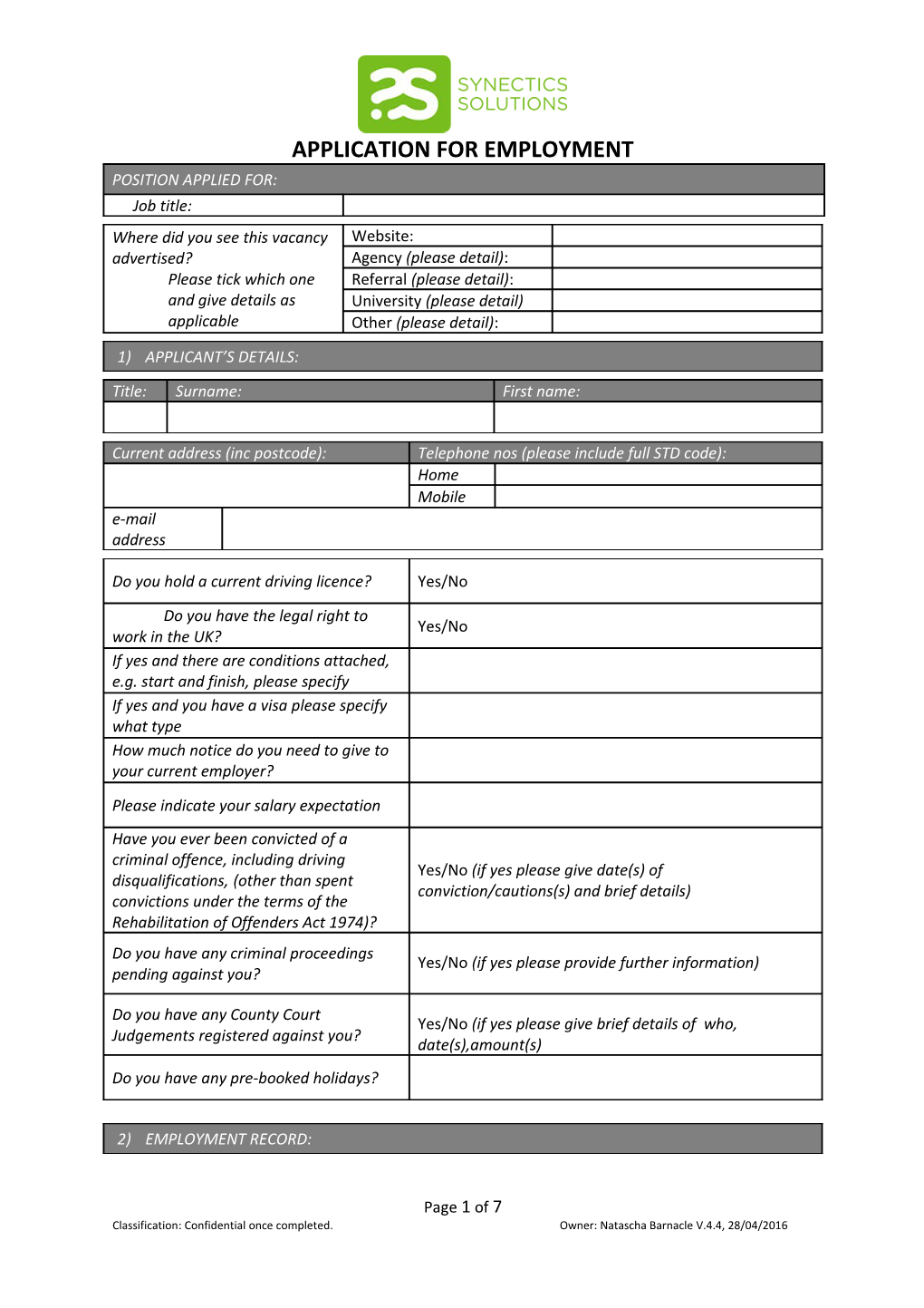 Application for Employment s100
