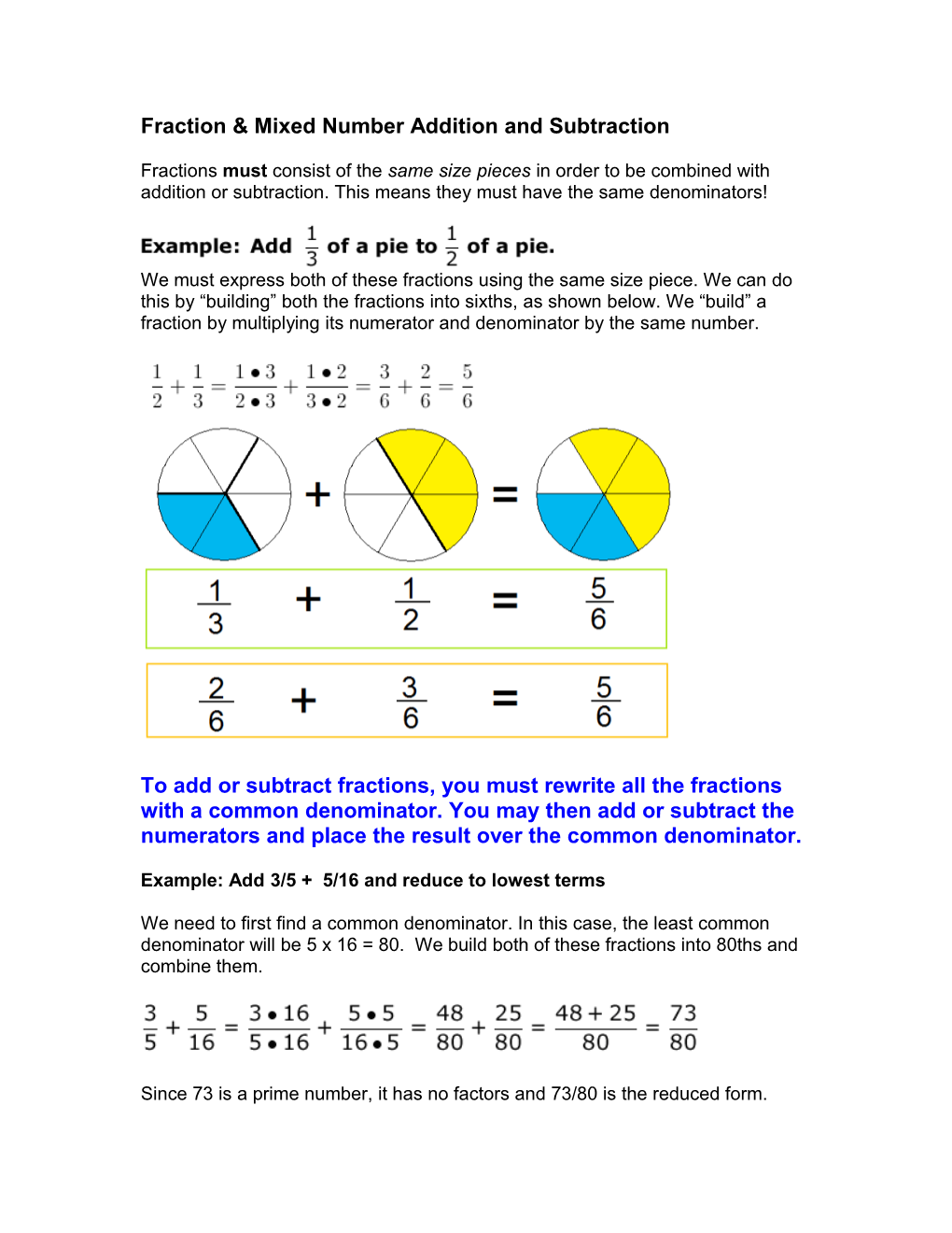 Fraction & Mixed Number Addition and Subtraction