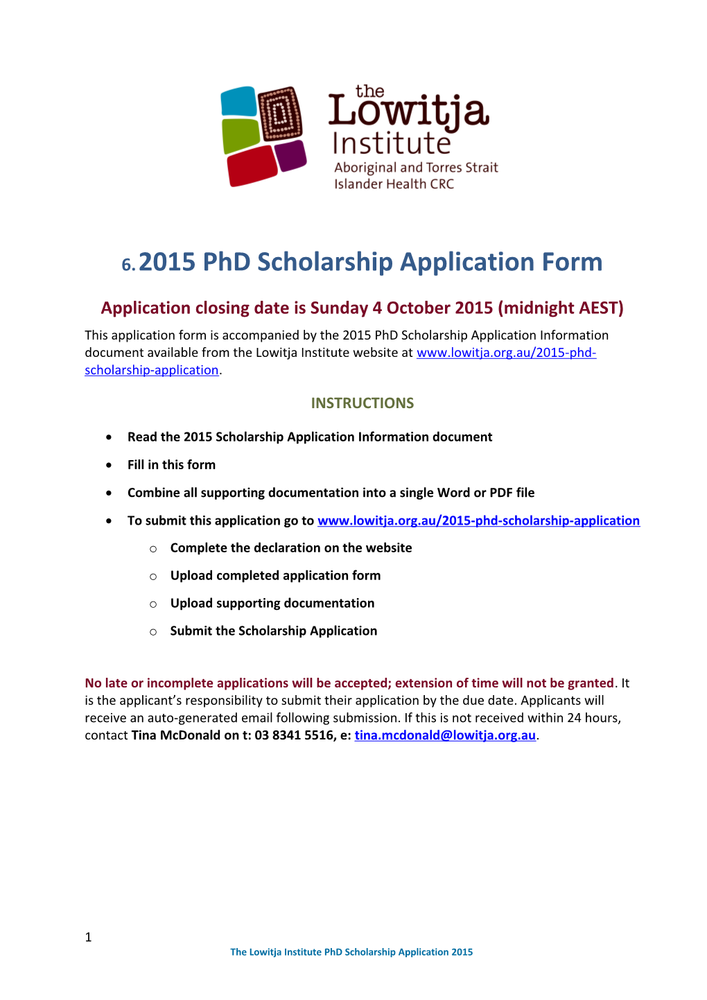 2015 Phd Scholarship Application Form